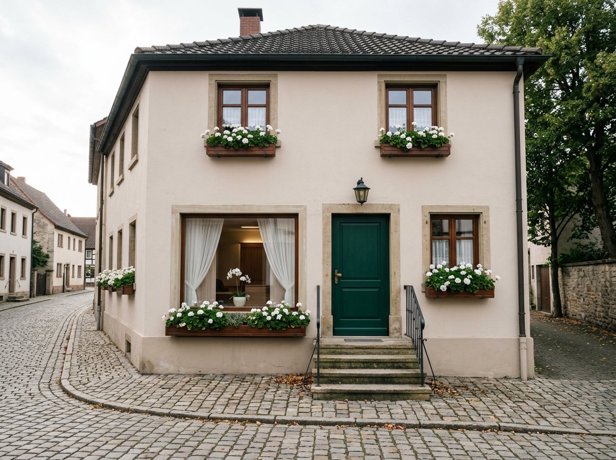 Filiale Waldmühlen mit grüner Haustür und Blumenkästen