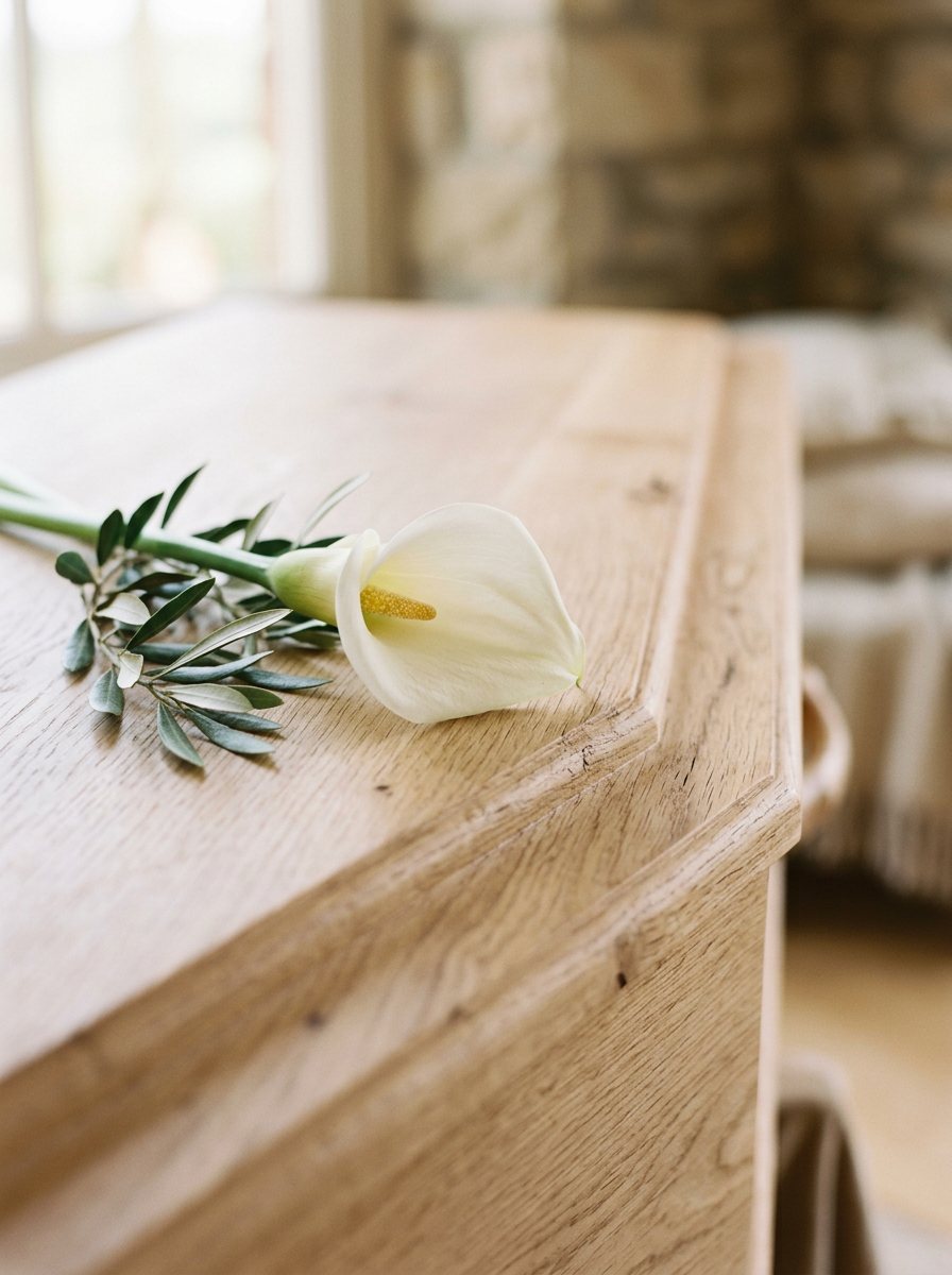 Detail eines hellen Holzsarges mit weißer Calla